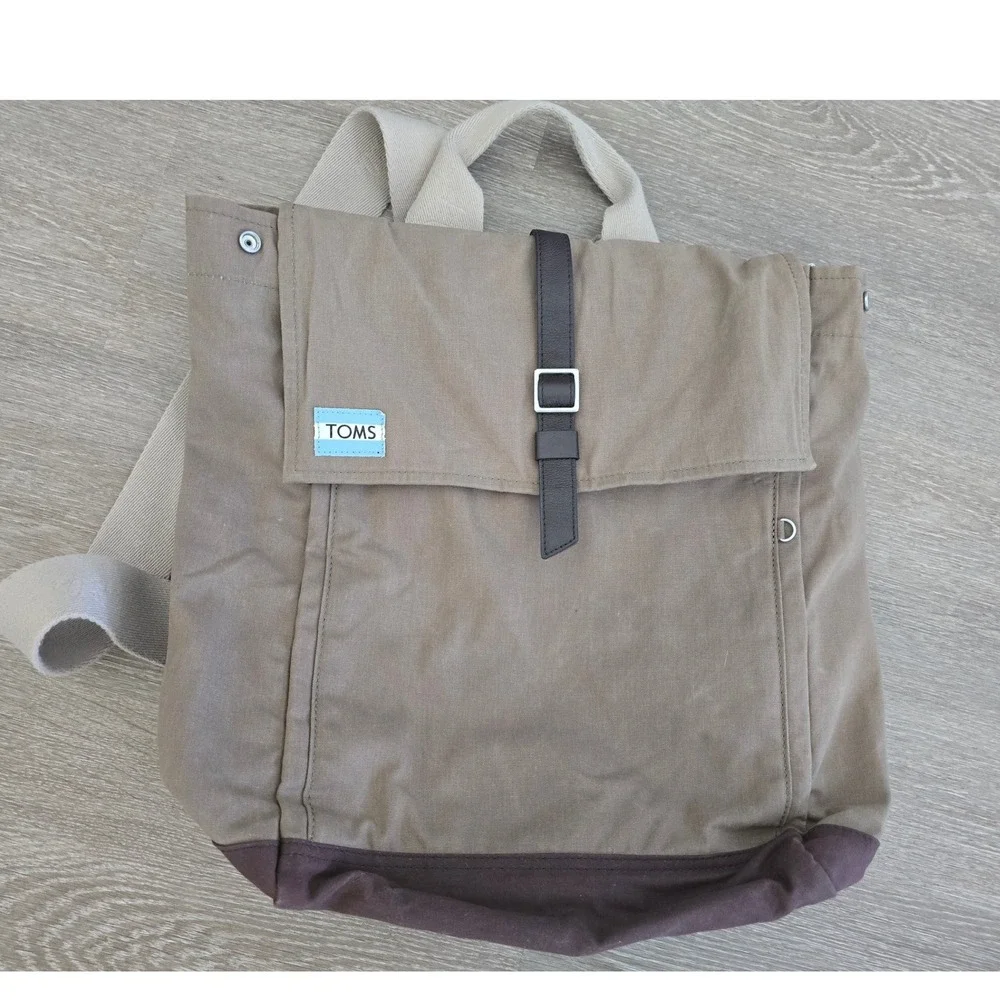 TOMS‎ Canvas Backpack Taupe Brown Buckle Flap Commuter Bag